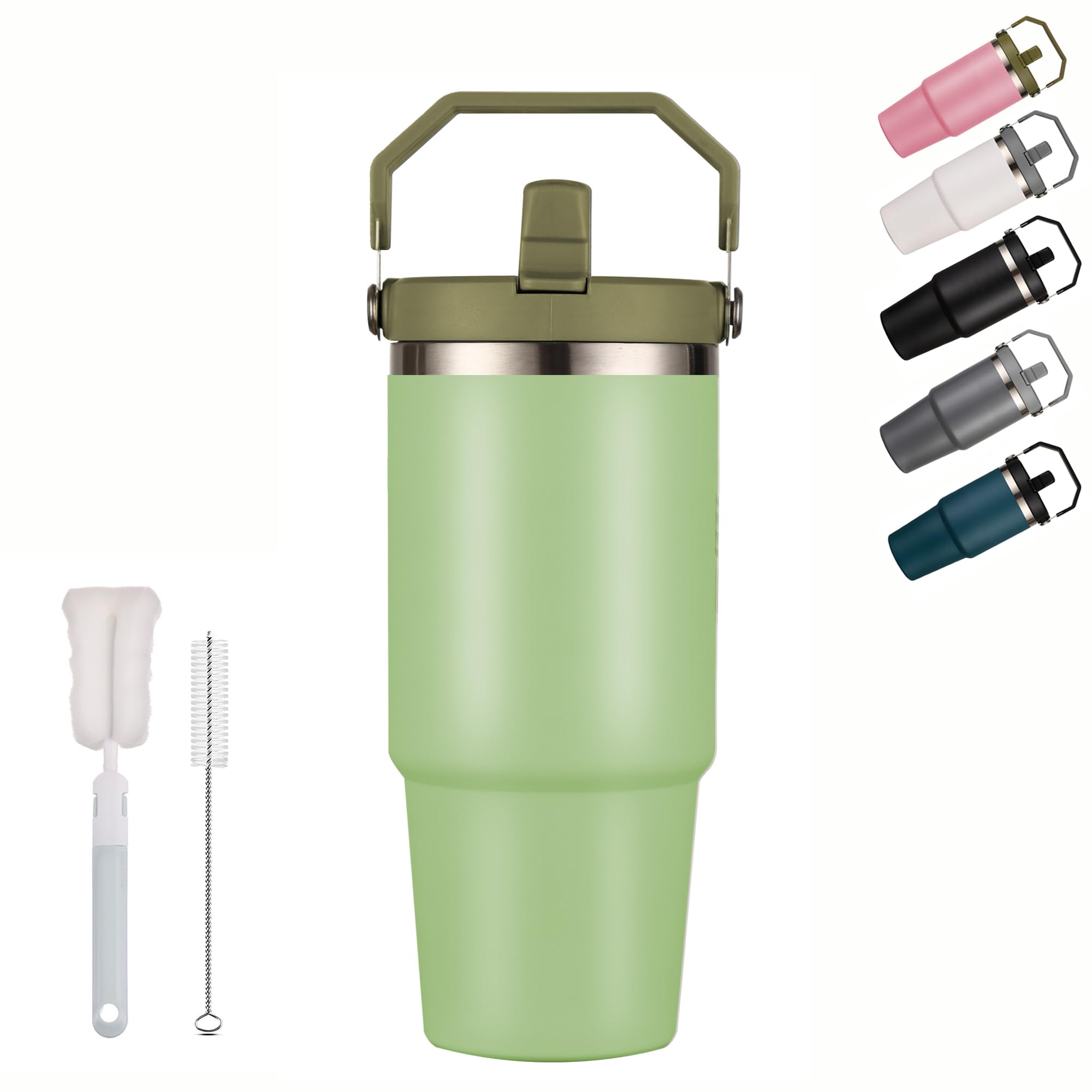 XIXIAMI Travel Mug with Handle 600ml-20oz Insulated Tumbler with Straw & Lid Leakproof Coffee Mug for Hot or Iced Drink |Stainless Steel Thermal Cup-Green