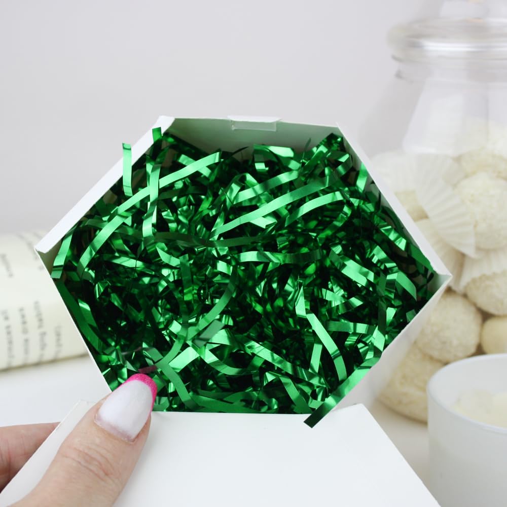Emartbuy Metallic Green Metallic Tinsel Foil Shredded Paper Filler – Decorative Crinkle Cut Shreds for Gift Boxes, Hampers, Baskets & Packaging – Lightweight & Reusable – Approx 100 Grams