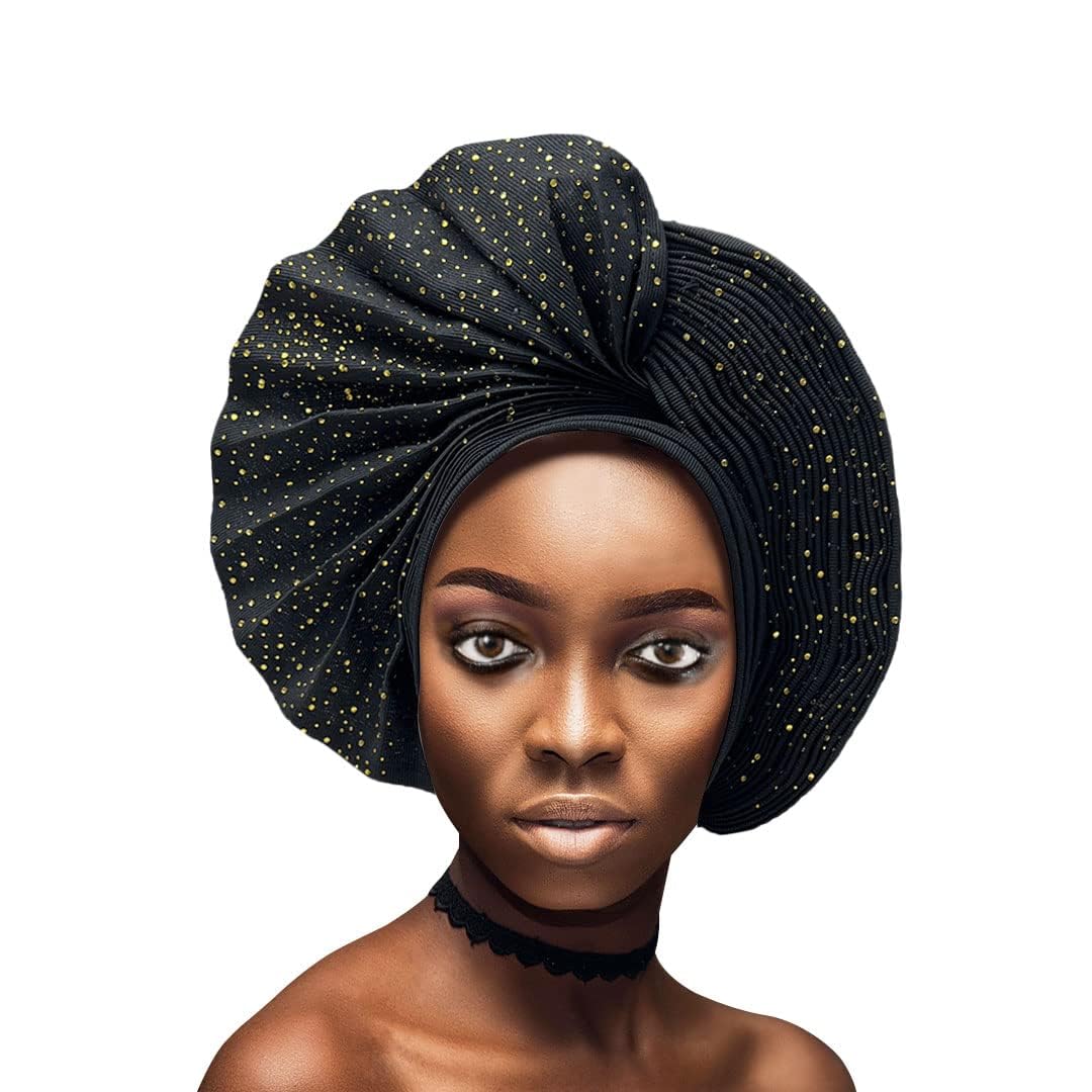 Photo 1 of Already Made Nigerian ASO Oke Auto Gele with Stones Women Turban Hat Head Wrap African Headties Fashion Headbands for Party (Black)
