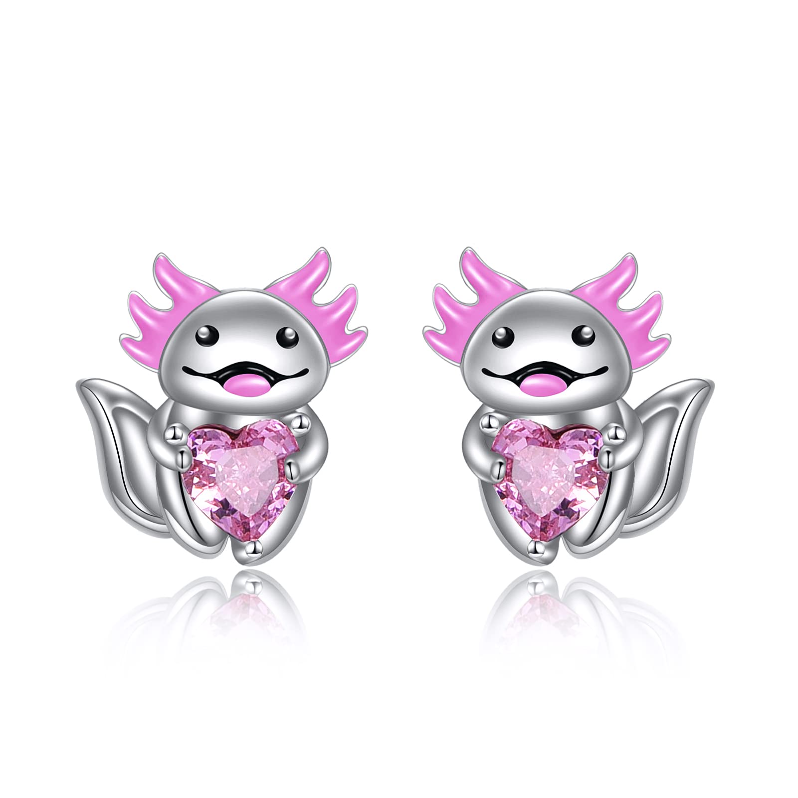 POPLYKE Pink CZ Axolotl Stud Earrings for Women 925 Sterling Silver Hypoallergenic Animal Jewelry Birthday Gifts for Sensitive Ear