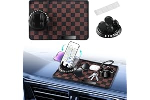 NHHEO Car Anti Slip Mat Dashboard Tray Decorations Sticky Pad Thicken Washable with 360° Rotating Universal Phone Pad Holder+Number Plate for GPS Aromatherapy Sunglasses Key(Black&Brown)