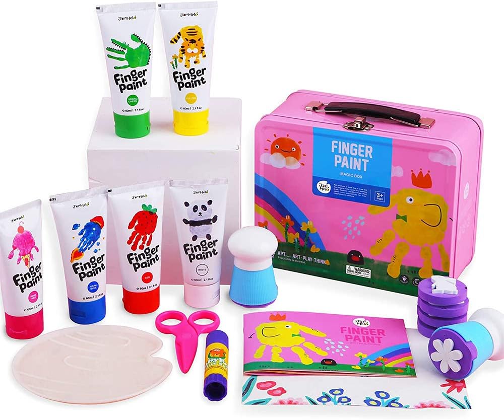 Jar Melo Children's Finger Paint Kit; Non-Toxic;Washable; Portable Iron Pink Box; 6 Colors: Toys & Games