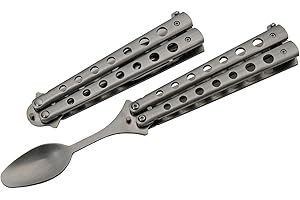SZCO Supplies Silver Finished Butterfly Spoon - 9" Stainless Steel Folding Camping Spoon, Travel Spoon, Butterfly Knife Style Folding Spoon, Camping Essentials and Picnic Accessories
