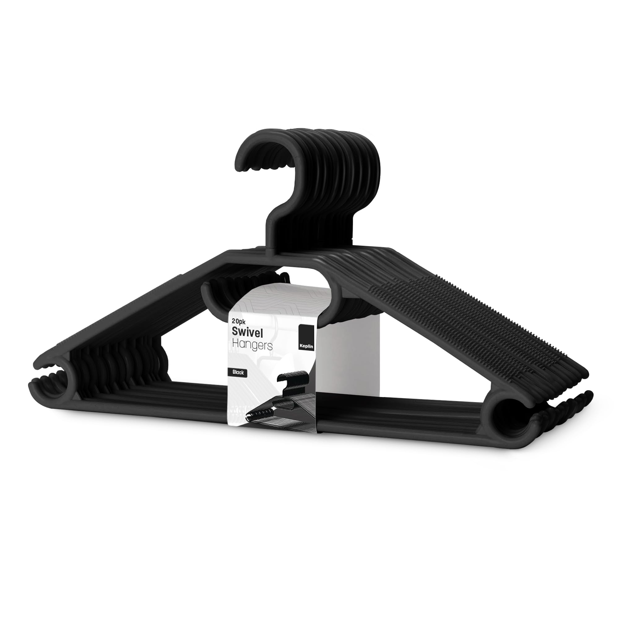 KEPLIN Space Saving Black Plastic Coat Hangers - 20 Pack | Heavy Duty Swivel Hook Hangers for Clothes, Coats, Dress, Shirt, Jacket, Trouser | Non Slip with Rotating Hook & Tie Hanging