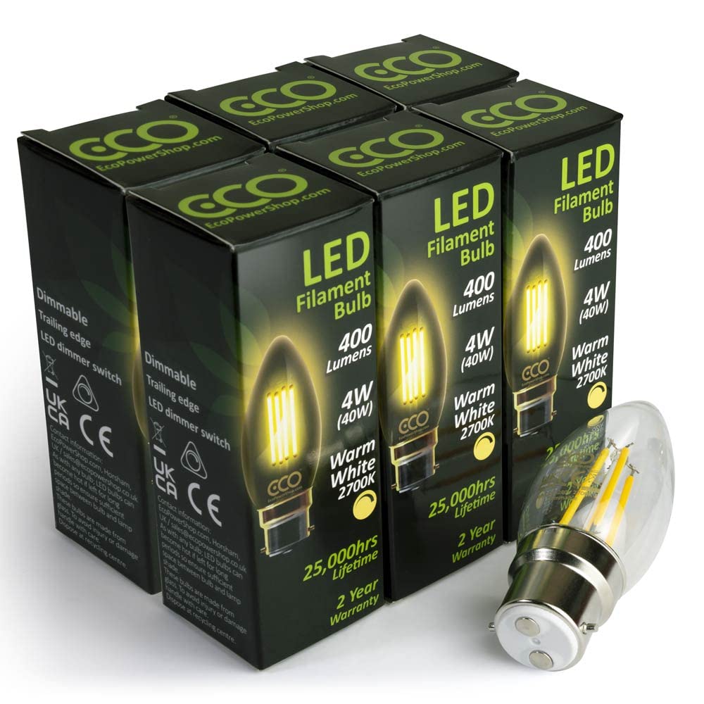 ECO 40W Dimmable Energy Saving Candle Light Bulb, Low Power 4W Vintage Style LED Filaments, 400 Lumen, Clear Glass, Warm White (2700K), B22 Large Bayonet Fitting, 25000Hrs Lifetime. (6xPACK)