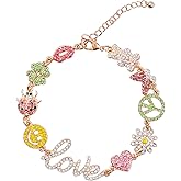 Cute Colorful Love Heart Charm Bracelets for Women Adjustable Smiley Bear Butterfly Peace Sign Flower Beetle Red Lip Clover Animal Gold Link Hippie Statement Bracelets Y2K Preppy Jewelry Gift for Women