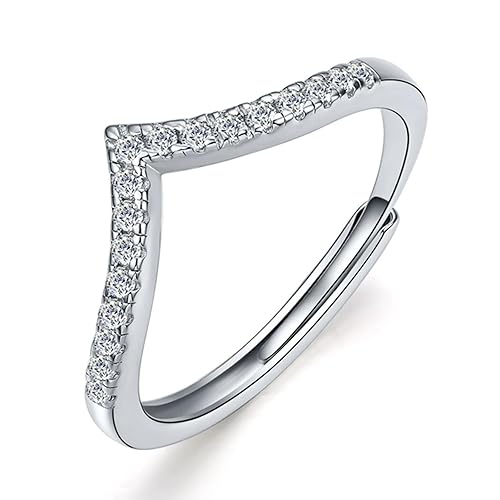 Ticome Sterling Silver Wishbone V-Shaped Stackable Ring - Straight Diamond, Couples, Engagement and Wedding - Inlaid Design