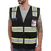 Dib Safety Reflective Vest High Visibility with Pockets and Zipper, Black with Yellow Trim L