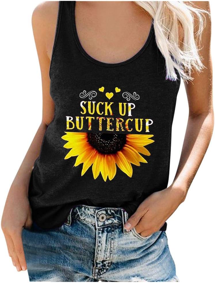 Tank Tops for Women with Sayings Funny Graphic Tees Gym Workout Casual Loose Fit Sleeveless T Shirts - Suck UP Buttercup