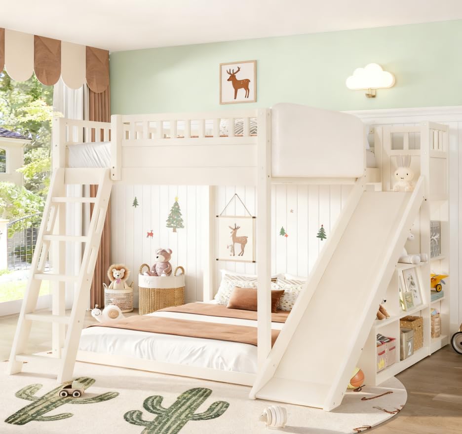 Photo 1 of Bellemave Bunk beds Full Over Full with Slide and Stair and upholstered headboard, Low bunk/loft Bed for Kids?Beige