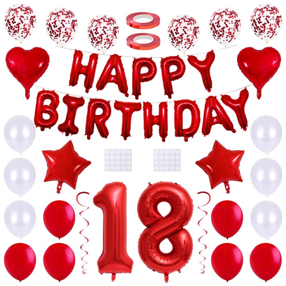 Maigendoo 18. Birthday Balloons Set Happy Birthday Banner Heart Star Foil Mylar Balloon Latex Balloons Number 18 Balloon Set with Swirl Decorations for 18th Birthday Party Event, Red