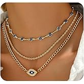 Navirix Gold Evil Eye Chain Necklace for Women Layered Stacking Evil Eye Lucky Protection Belief Choker Necklace Unique Cuban Chain Boho Jewelry