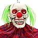 Halloween Haunters 6 Foot Hanging Skeleton Circus Clown with LED Flashing Eyes Prop Decoration - Life-Size Scary Skull Face and Neon Green Hair - Haunted House Graveyard Entryway Display