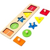 QODOFLR First Jumbo Knob Wooden Shape Puzzle for Toddlers 1-3,Montessori Toddler Puzzle Toys for1-2 Year Old,Preschool Learning Peg Puzzles Toys for Baby Kids