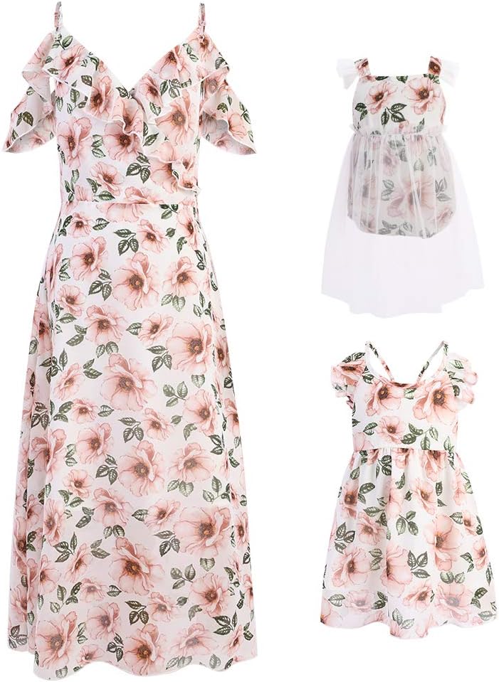 Mumetaz Mommy and Me Floral Print Cold Shoulder V-Neck Ruffle Backless Family Matching Clothes
