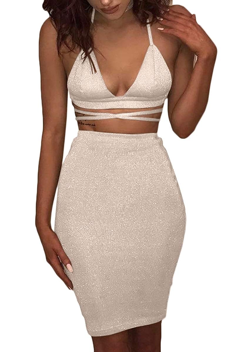 ioiom Women's Glitter V Neck Halter Backless Sleeveless Bandage Bodycon Midi Dress