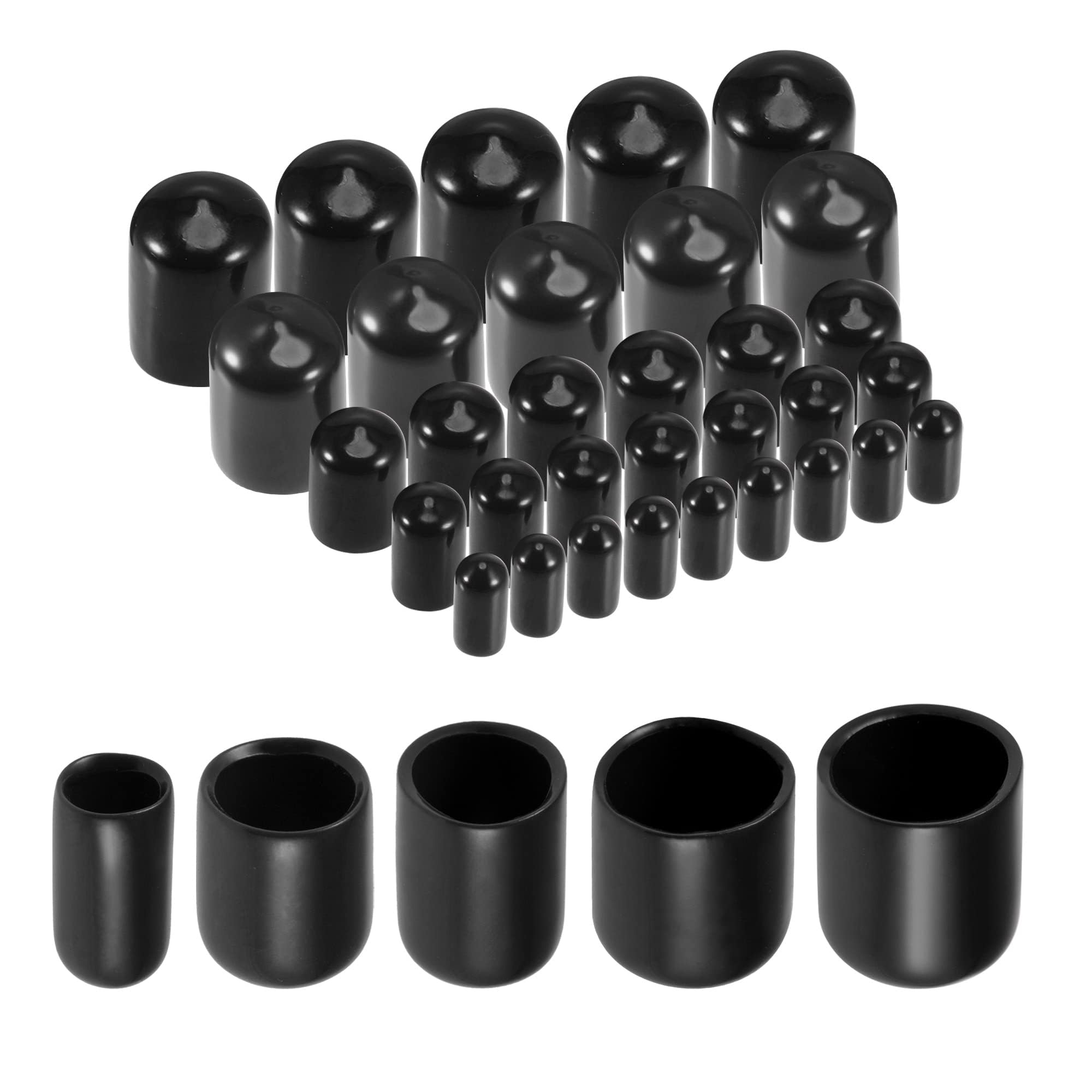 TA-VIGOR 50Pcs Rubber End Caps, 6mm / 9mm / 12mm / 16mm / 19mm ID Round Flexible Screw End Caps Thread Protectors, Black Vinyl Bolt Covers Rubber Covers for Screws, Tubes, Cables, Wires, etc
