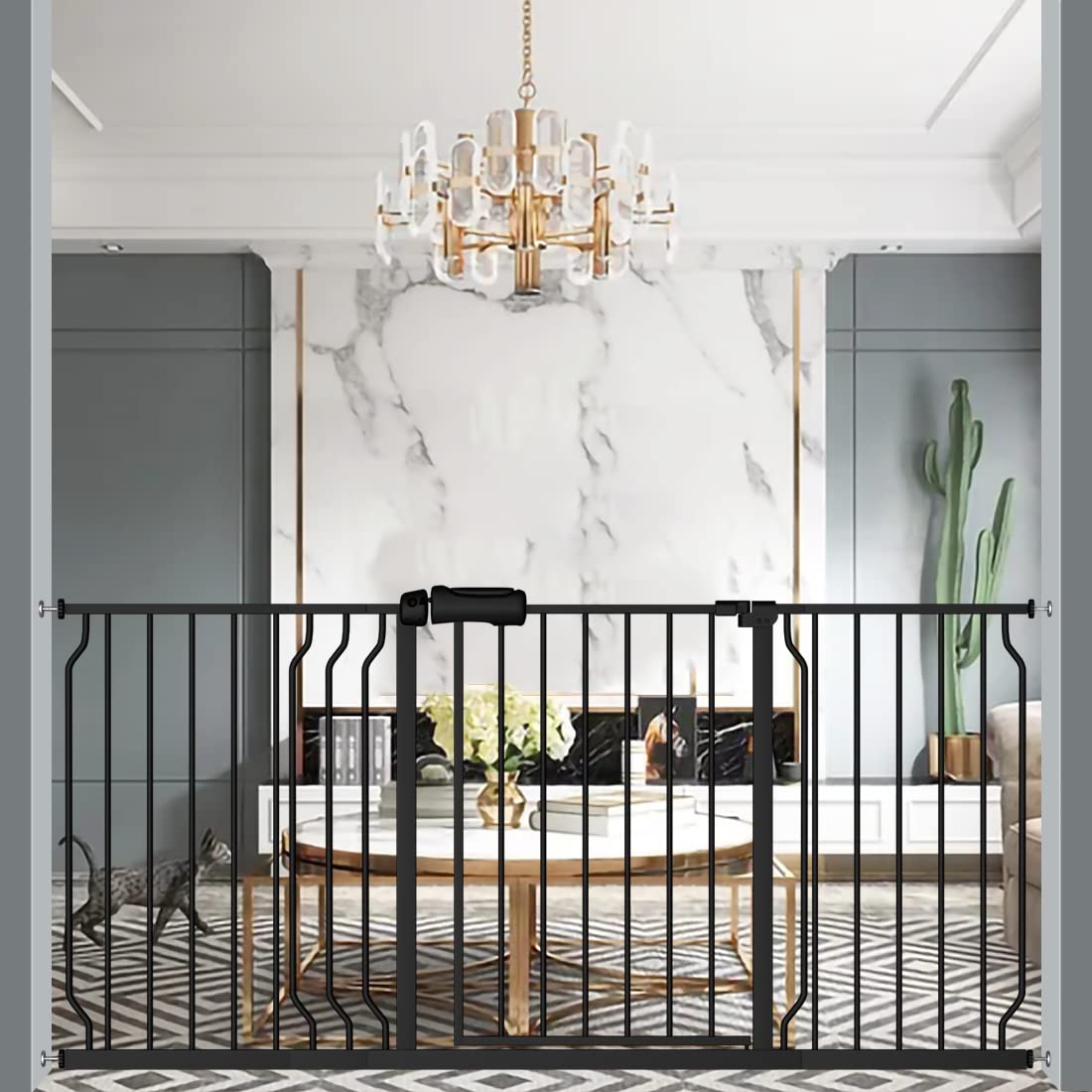 ALLAIBB Extra Wide Pressure Mounted Baby Gate Walk Through Child Kids Safety Toddler Tension White Long Large Pet Dog Gates with Extension for doorways (62.20-66.93"/158-170cm, Black) Image