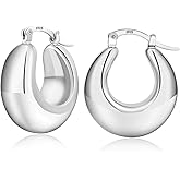 PABBEU Chunky Silver Hoops Earrings for Women, Hypoallergenic Lightweight 925 Sterling Silver Oval Hoop Earring, Sterling Silver Thick Hoop Earrings for Women 25/28/30/38/40mm