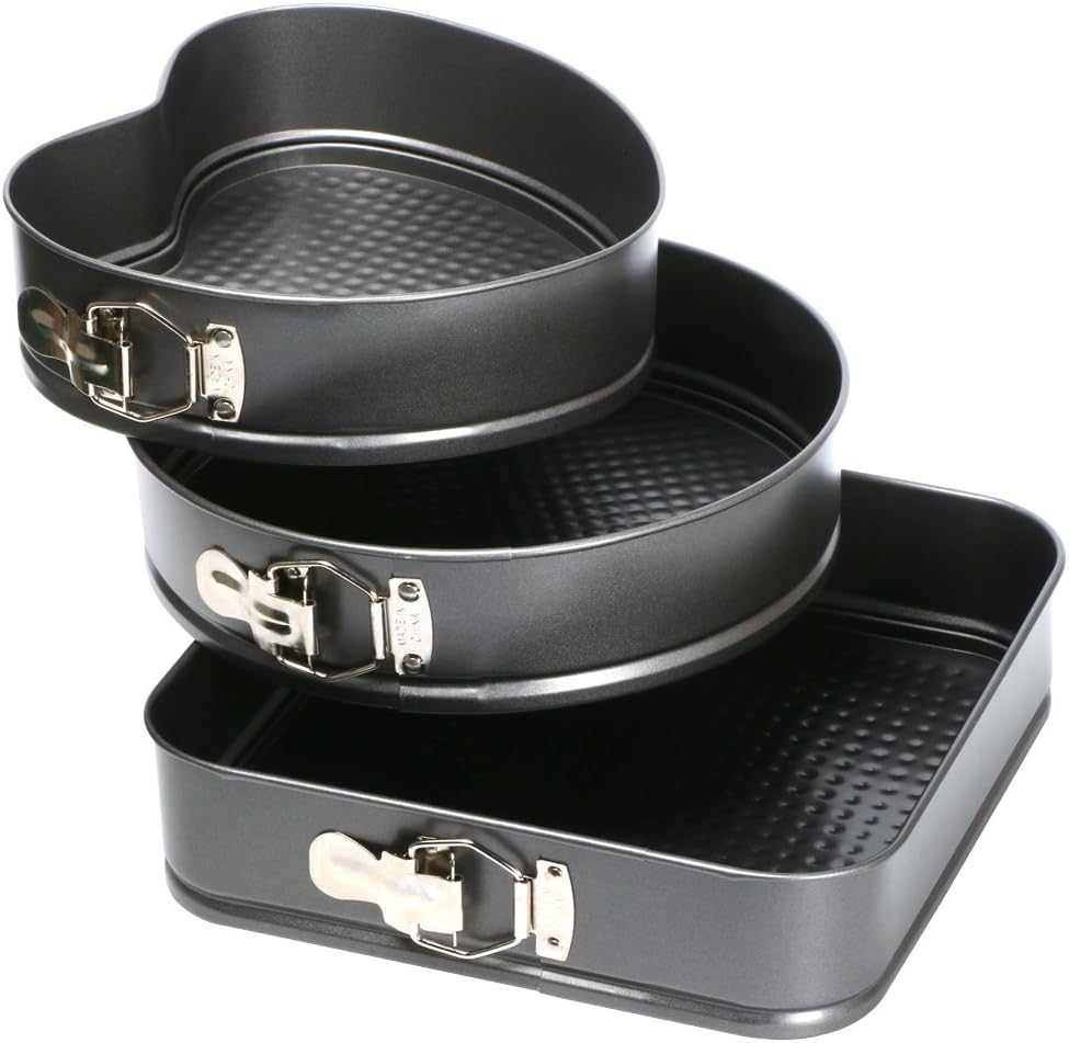 TRIXES Spring Form Cake Tin, Set of 3, Heart Square Round Shapes with Loose Base, Quick Release Springform Shapes