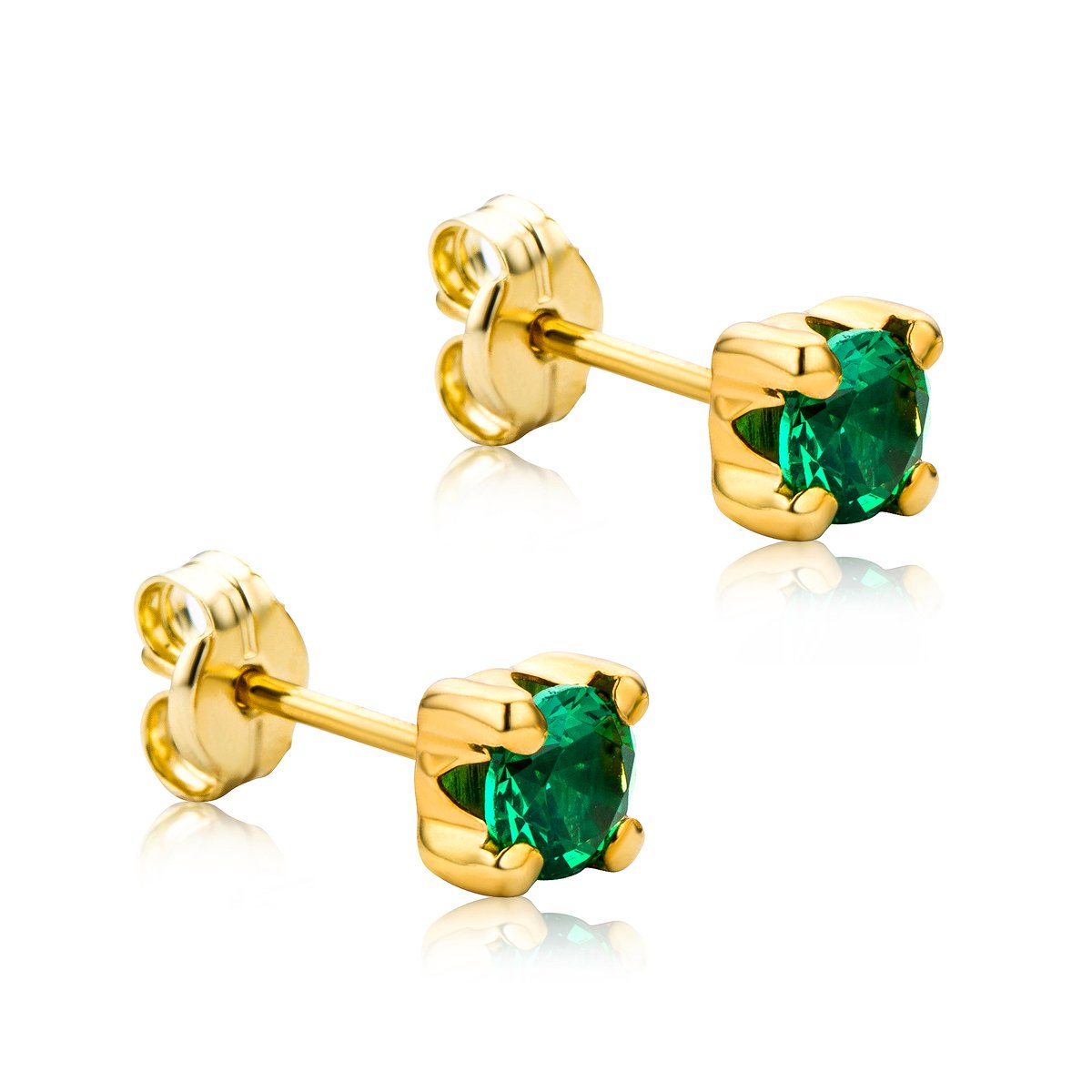 Orovi Square-Shaped Yellow Gold Earrings for Women with Emeralds in 9 Carat Gold, Hypoallergenic Earrings - Handmade studs with jewellery box