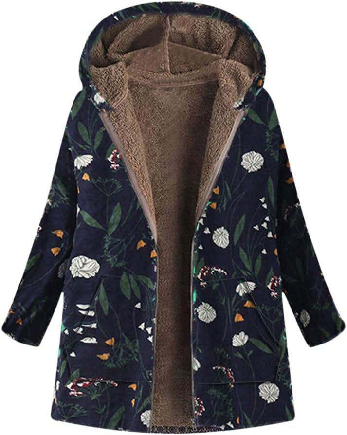 Clearence Womens Winter Warm Outwear Floral Print Hooded Pockets Vintage Coats