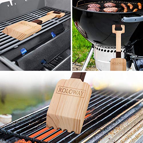 ROLOWAY Cedar Wood Grill Scraper, Wooden Grill Cleaner Scraper, Grill Brush Wood BBQ Scraper, Natural/Safe/Bristle-Free Wooden Barbecue Grill Grate Cleaner with Gift Box & 2 Basting Brushes