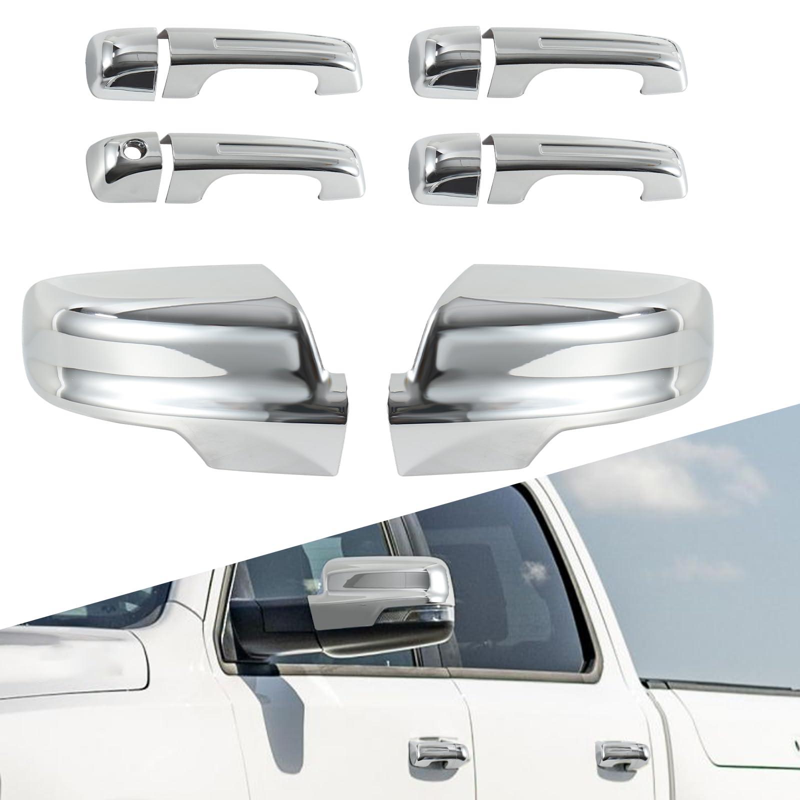 Photo 1 of Side Mirror Cover Cap + Door Handle Covers Compatible with Dodge Ram 1500 2019 2020 2021 2022 2023 2024 Left & Right Top Half Mirror Cover Without Smart Keyholes(Chrome)