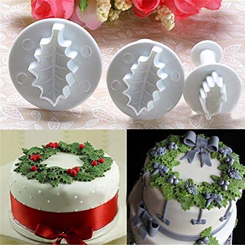 Pocktyle 3pcs Cookie Sugarcraft Fondant Holly Leaf Mold Plunger Cutter Mould