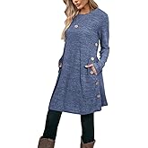 Poetsky Womens Tunic or Tops to Wear with Leggings Long Sleeve Side Buttons Swing Casual Long Shirts with Pockets S-3XL