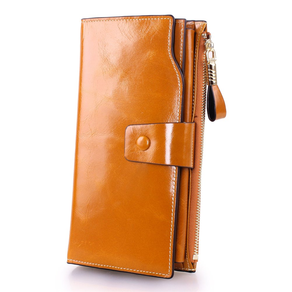 Kangming Women Leather Long Wallet Ladies Zipper Clutch Purse Credit Card Phone Holder (Brown)