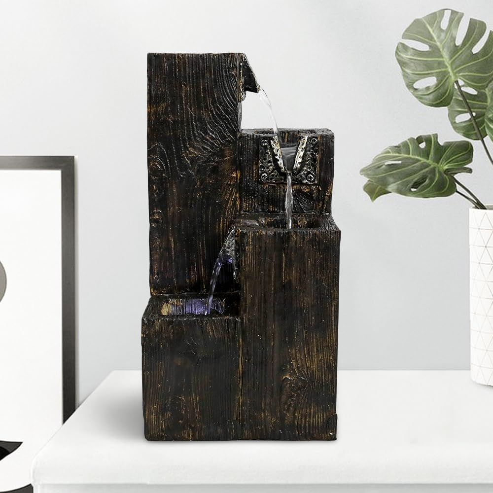 Indoor Fountains & Accessories - xpiyaer 4-Tier Tabletop Water Fountain with LED Light - 15.7” High Indoor Modern Resin Wood Waterfall Feature for Home and Office Soothing Decoration (Dark Brown, 15.7