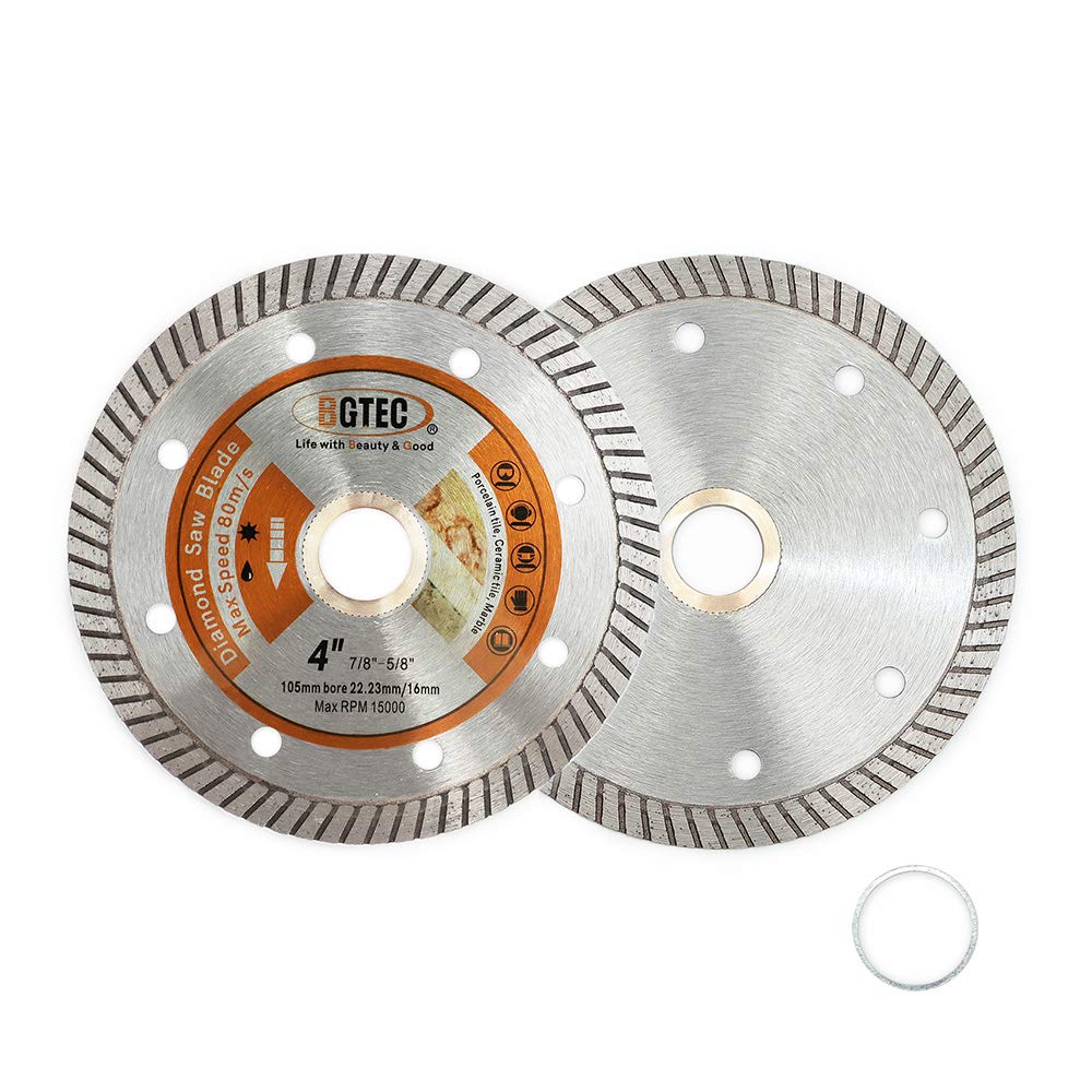 BGTEC Diamond Tile Blade 2PCS 105mm Super Thin Turbo Rim Concrete Porcelain Saw Blade with 22.23mm Arbor for Cutting Porcelain Tile Ceramic Granite Marble Hard Material Cutting Disc