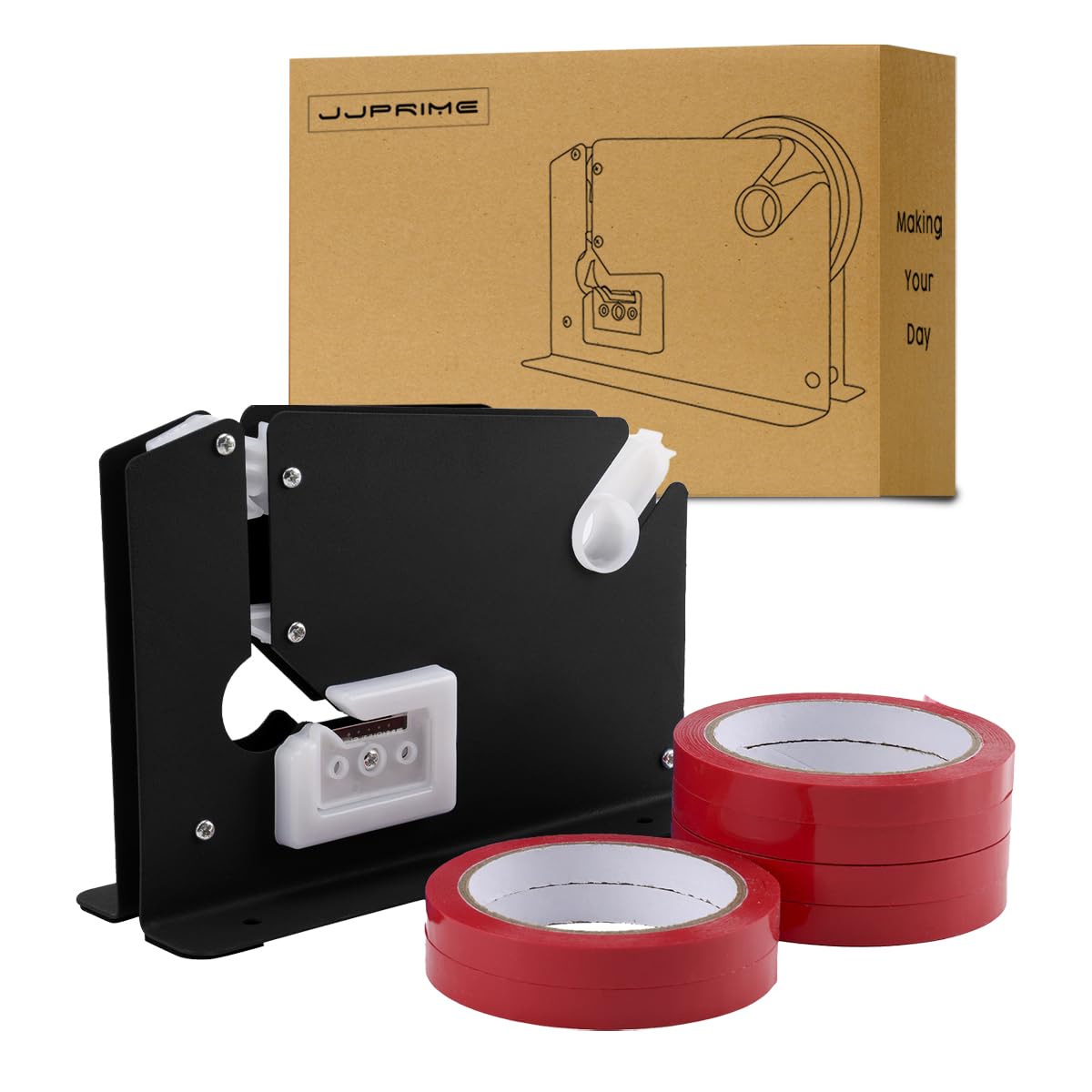 JJ PRIME - Bag Neck Sealer PVC Tape Fruit Veg Meat Ingredients Packaging Fit Up to 12mm Wide Tapes + Free 6 Rolls (Black)