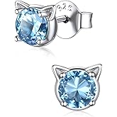 ChicSilver Cute Cat Earrings for Women - Hypoallergenic Sterling Silver Round Birthstone Cat Stud Earrings with Gift Box
