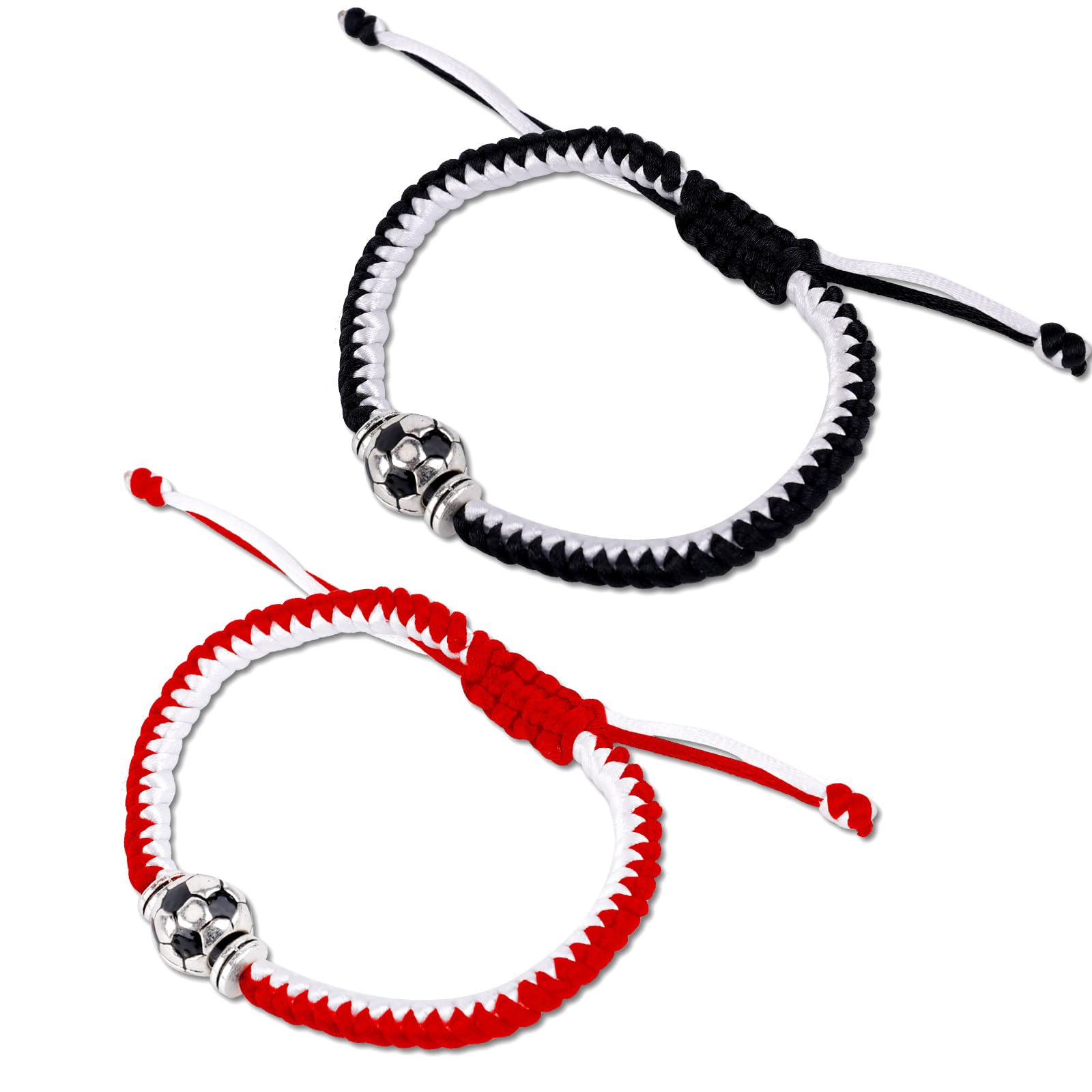 lasuroa 2pcs Soccer Bracelets, Adjustable Braided Football Bracelet Stylish Soccer Fans Accessories for Men Women Boys Girls (Black & Red)