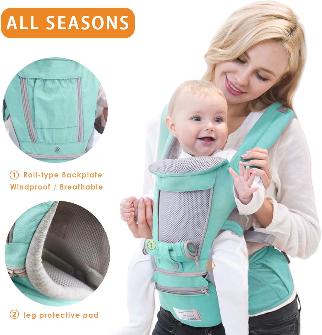 SONARIN 3 in 1 Multifunction Hipseat Baby Carrier,Front and Back,100% Cotton,Ergonomic,Easy Mom,Adapted to Your Child's Growing(Green) - Image 3