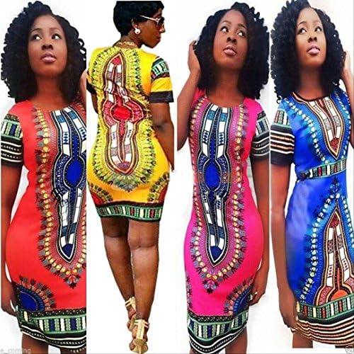 Dress,NOMENI Women's Traditional African Print Dashiki Bodycon Short Sleeve Dress (XL, Hot Pink)