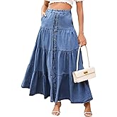 loveimgs Women Western Elastic High Waisted A Line Long Denim Skirt Button Ruffle Tiered Jean Maxi Skirt Patchwork Pocket Y2k