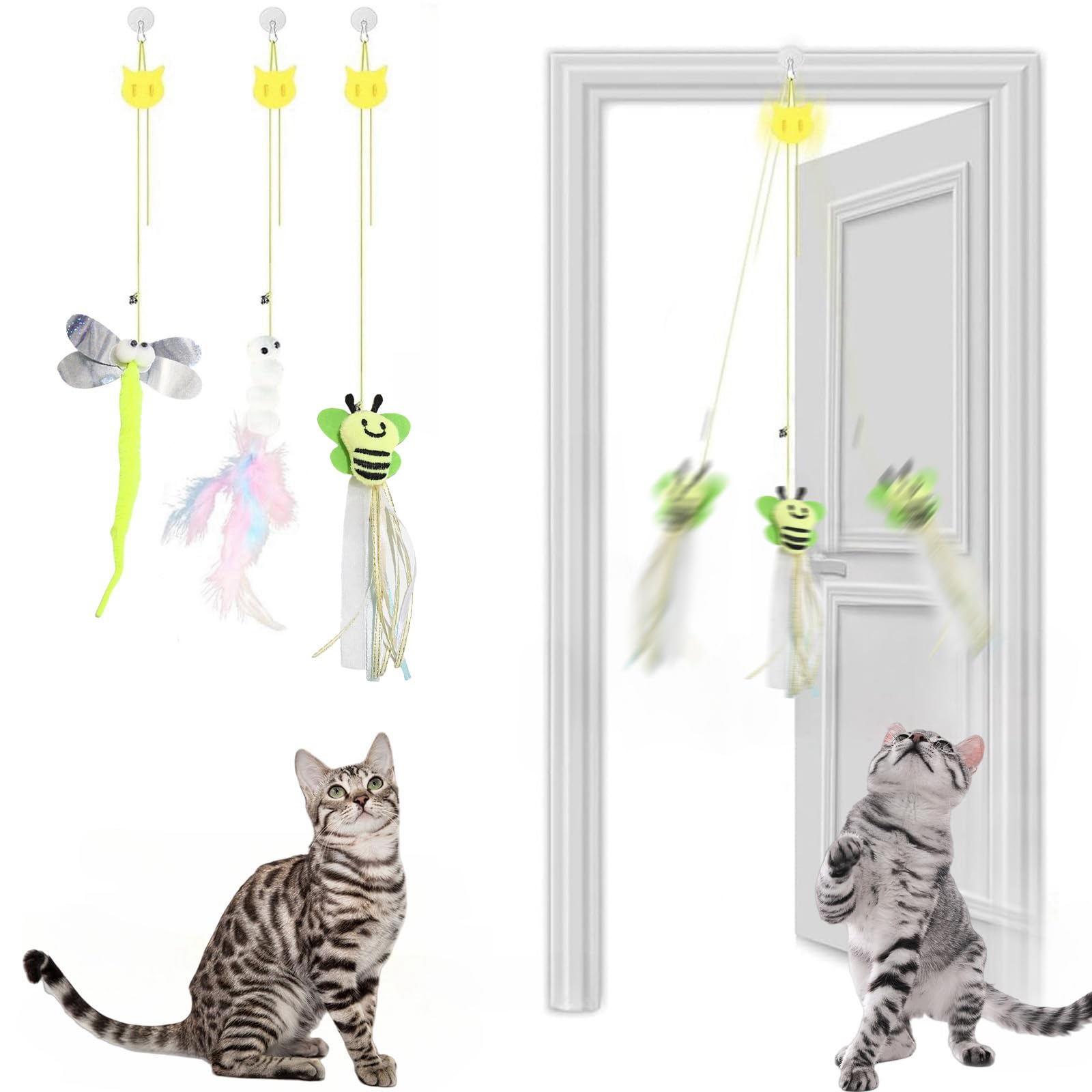 LTMMC 3 Pcs Interactive Cat Toys for Indoor Cats Adult/Kitte with Feather/Bell/Sequin Rattle Paper, Cat Springs Hanging Cat Door Toys to Inspire Cats to Hunt