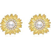 Reaii Sunflower Stud Earrings for Women Sterling Silver Freshwater Pearl Earrings You are My Sunshine Earrings Flower Stud Earrings Sunflower Jewelry Gifts for Wife