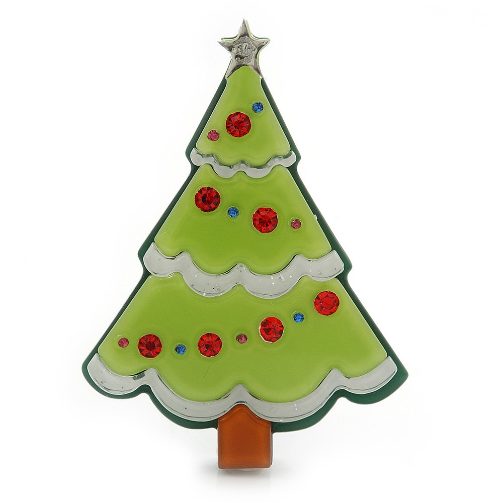 Light Green, Dark Green Red Diamante 'Christmas Tree' Acrylic Brooch - 55mm Length