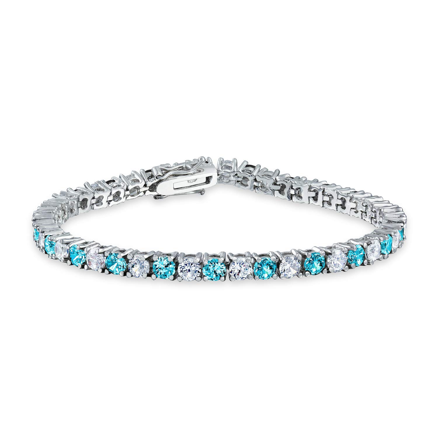 Bling Jewelry London Blue White Alternating Simulated Blue Topaz Round Cubic Zirconia 12.00 CT 4 Prong Basket Set Solitaire AAA CZ Tennis Bracelet For Women Prom Bride Silver Plated 7.5 Inch