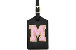CHOIEO Initial Luggage Tag, PU Leather Luggage Tag, Embroidered Luggage Tag, Letter Luggage Tag, Monogrammed Luggage Tag, Luggage Tag for Baggage Bag Suitcase (M, Black Leather+Pink Letter)