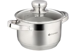 Daniks Standard 2 Quart Stainless Steel Stock Pot with Glass Lid, Tri-Ply Bottom for Even Heating, Induction Compatible, Dish