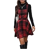 OYOANGLE Women's Sleeveless Plaid Suspender Dress Criss Cross Back Ruffle Short Pinafore Dresses
