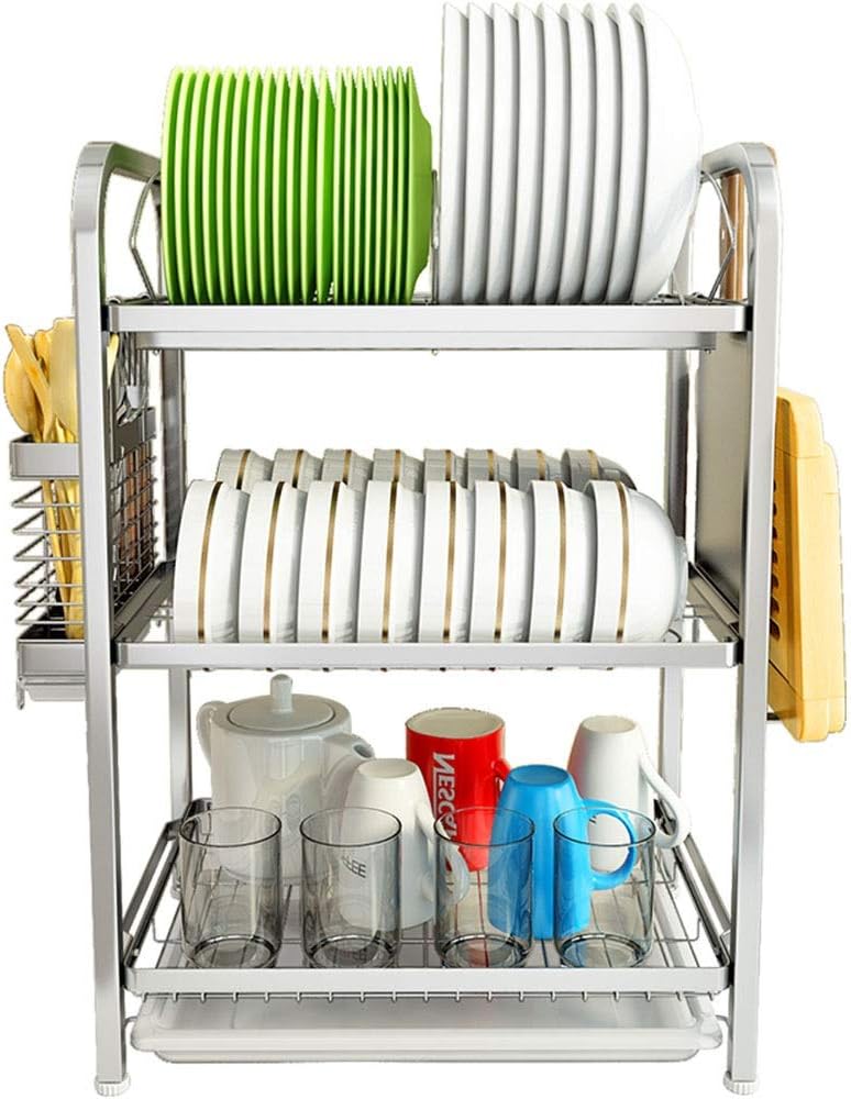Kitchen Dish Rack Stainless Steel 3 Layers Dishes Drain Rack Mesa Tableware Storage Rack Household Plate Storage Basket Chopsticks Cage Rice Bowl Storage Rack H57×W28.5×L40cm