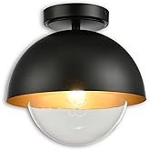 LUXWELL Graphite Black Semi Flush Mount Light, 9.8"x9.5" Modern Dome Ceiling Fixture with Clear Inner Glass Globe, E26 Socket