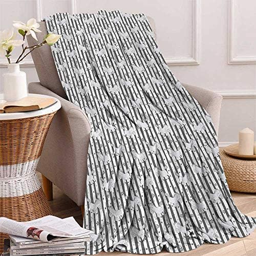 Miki Da Throw Blankets for Bed Couch Decorative Soft Chair Cover, 60"x90", Grey White Black, Kids Vertical Stripes with Doodle Stars Hearts Dots and Funny Ponies Nursery Theme