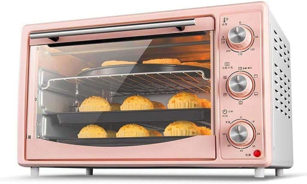 LBSX 30L Pink Mini Oven Adjustable Temperature 60-250 ℃ and 60 Minute Timing Household Multi-function Turn Fork Function/Fermentation Thawing Electric Oven Explosion-proof Tempered Glass Door 1500W